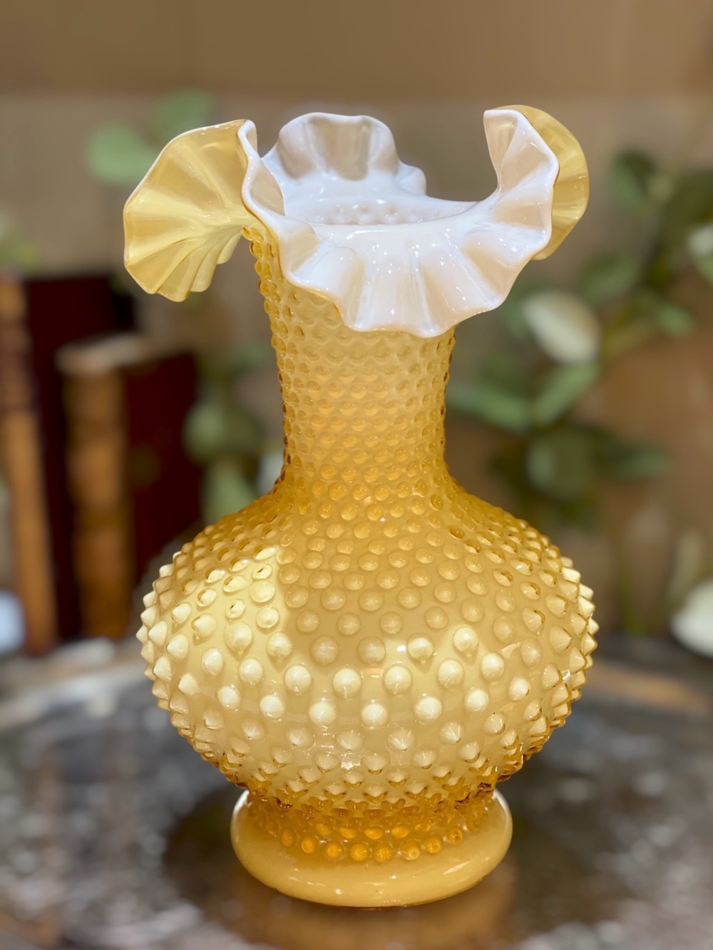 Rare 1961 Fenton Honey Amber 11” Vase Hobnail “Big John” Ruffled Crest Vintage